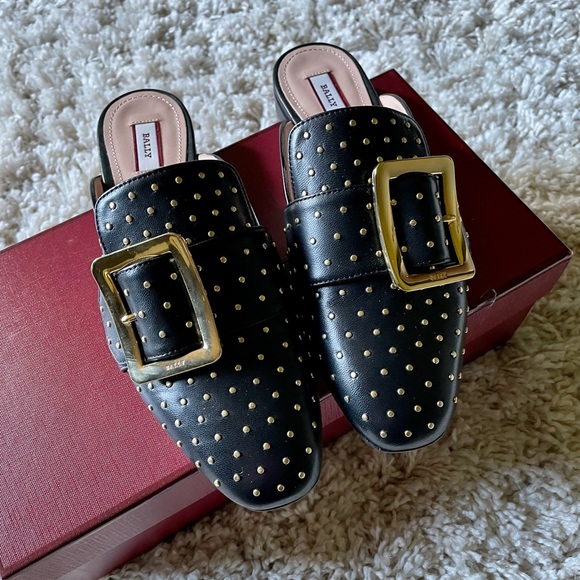 BALLY Janesse Metal Black & Gold Stud Mule Loafers - Picture 10 of 14